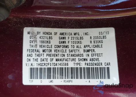 2013 Honda Accord Sport z USA, uszkodzony, nr VIN 1HGCR2F57DA145586